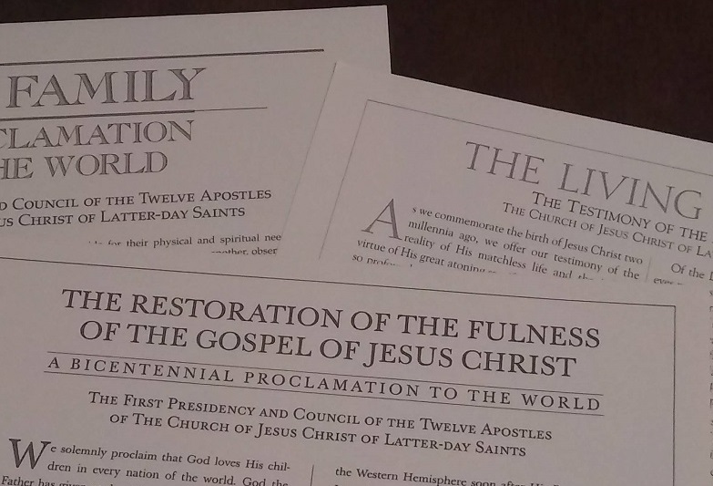 Photo of the Family Proclamation, the Restoration Proclamation, and the Living Christ documents