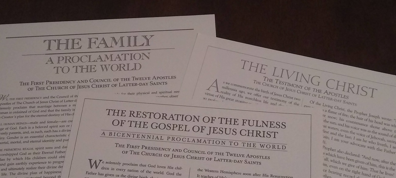Photo of the Family Proclamation, the Restoration Proclamation, and the Living Christ documents