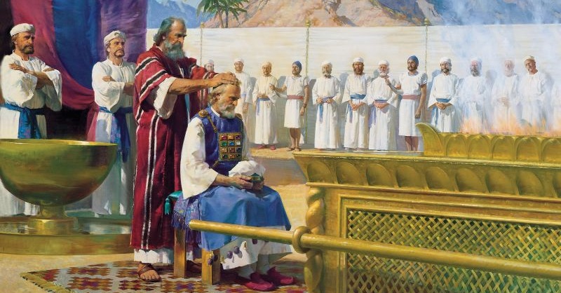 Painting of Moses annointing the head of Aaron inside the court of the tabernacle